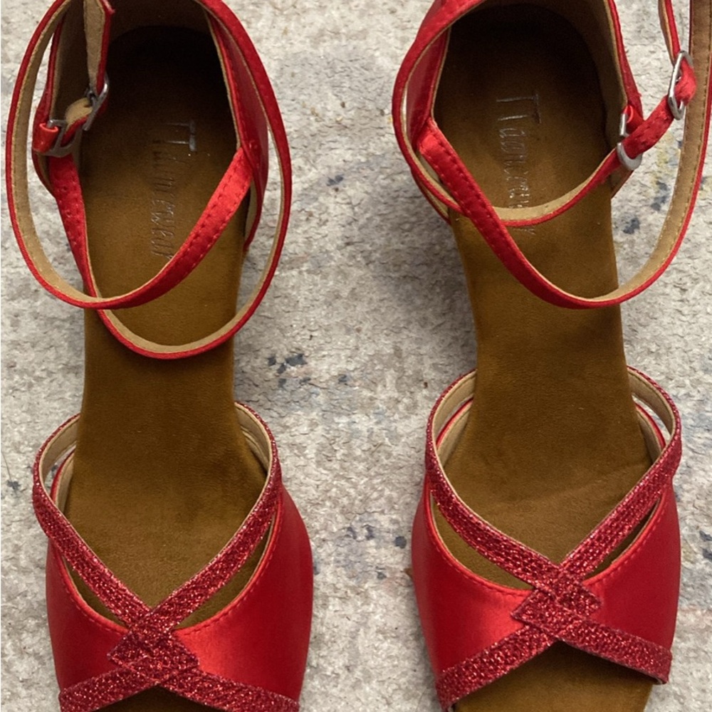 Red Women's Ankle-Strap Sandals - Glitter Accent